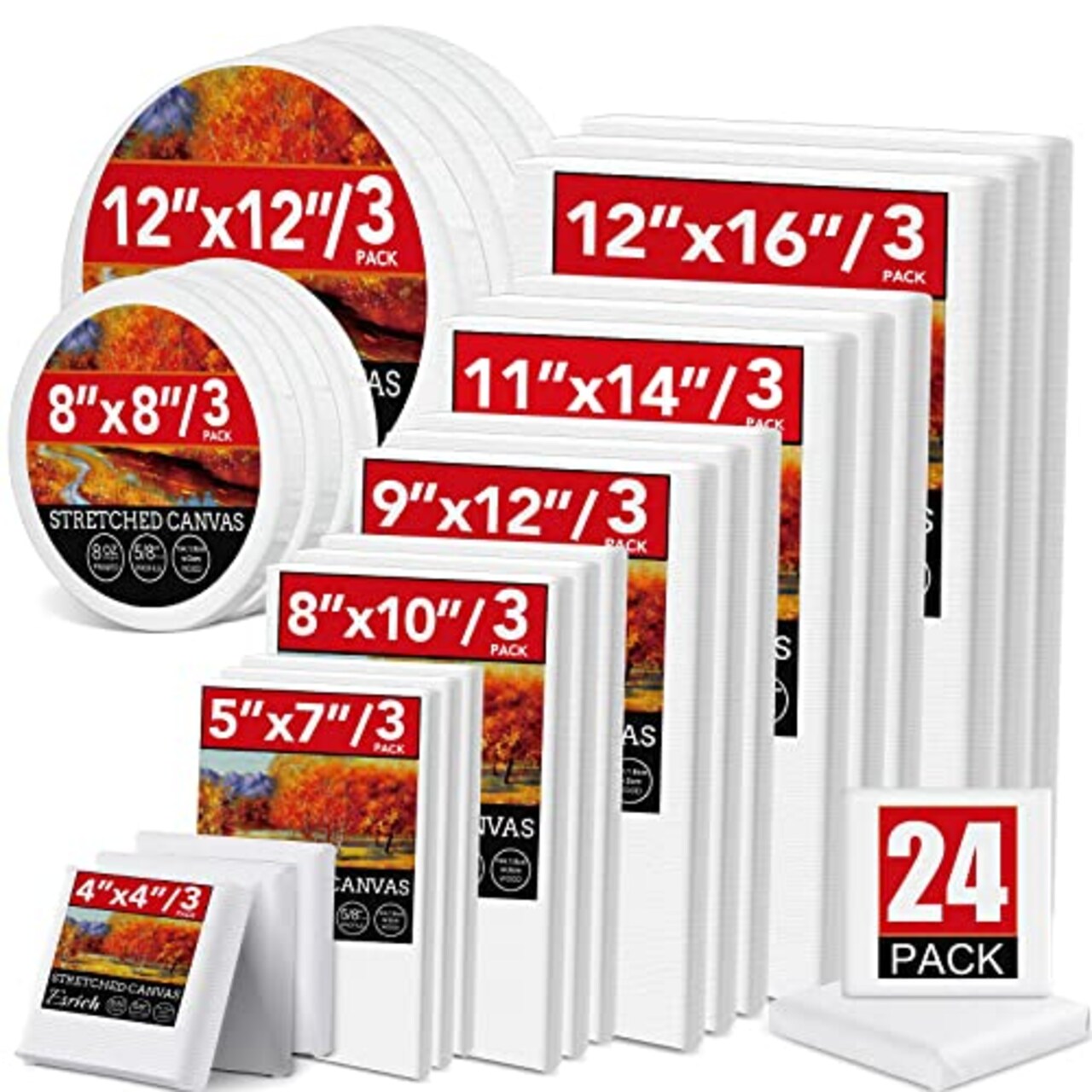 24 Pack Canvases for Painting with 4x4, 5x7, 8x10, 9x12, 11x14, 12x16, Round Canvas with 12x12, 8x8, 3 of Each, Painting Canvas for Oil & Acrylic Paint.